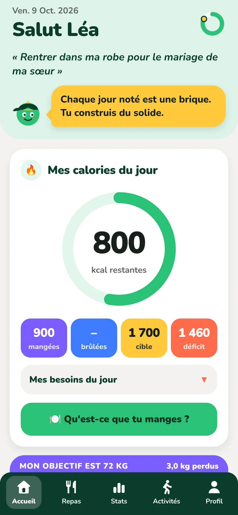 L'accueil de Kiloach, avec les calories restantes de la journée
