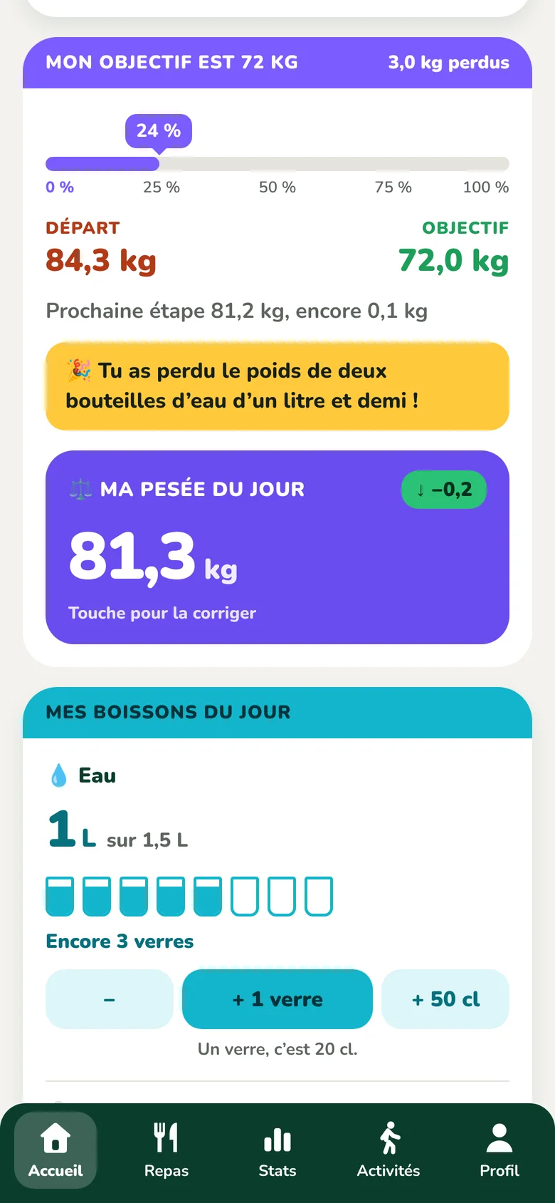 La carte Mon objectif, avec la progression et la pesée du jour