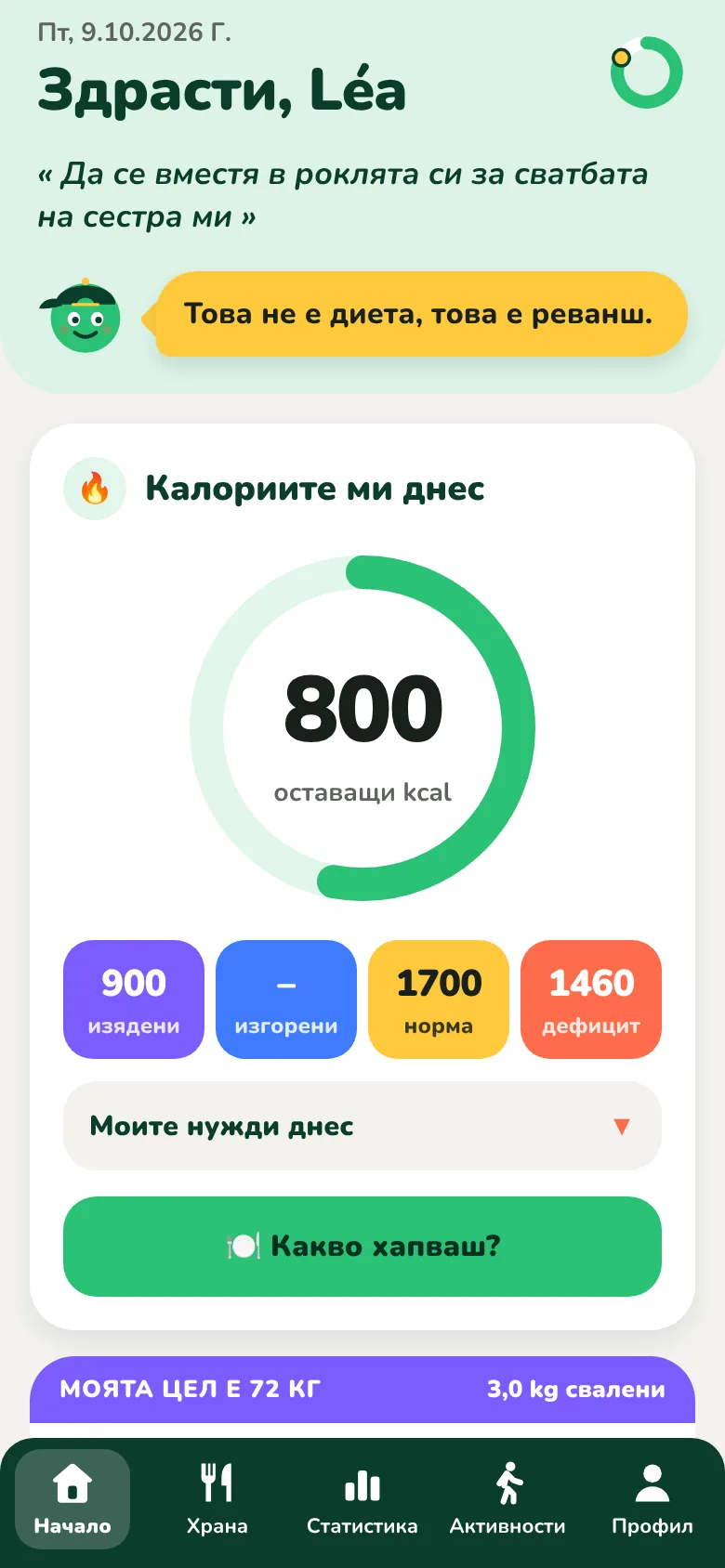 Началният екран на Kiloach, с оставащите калории за деня