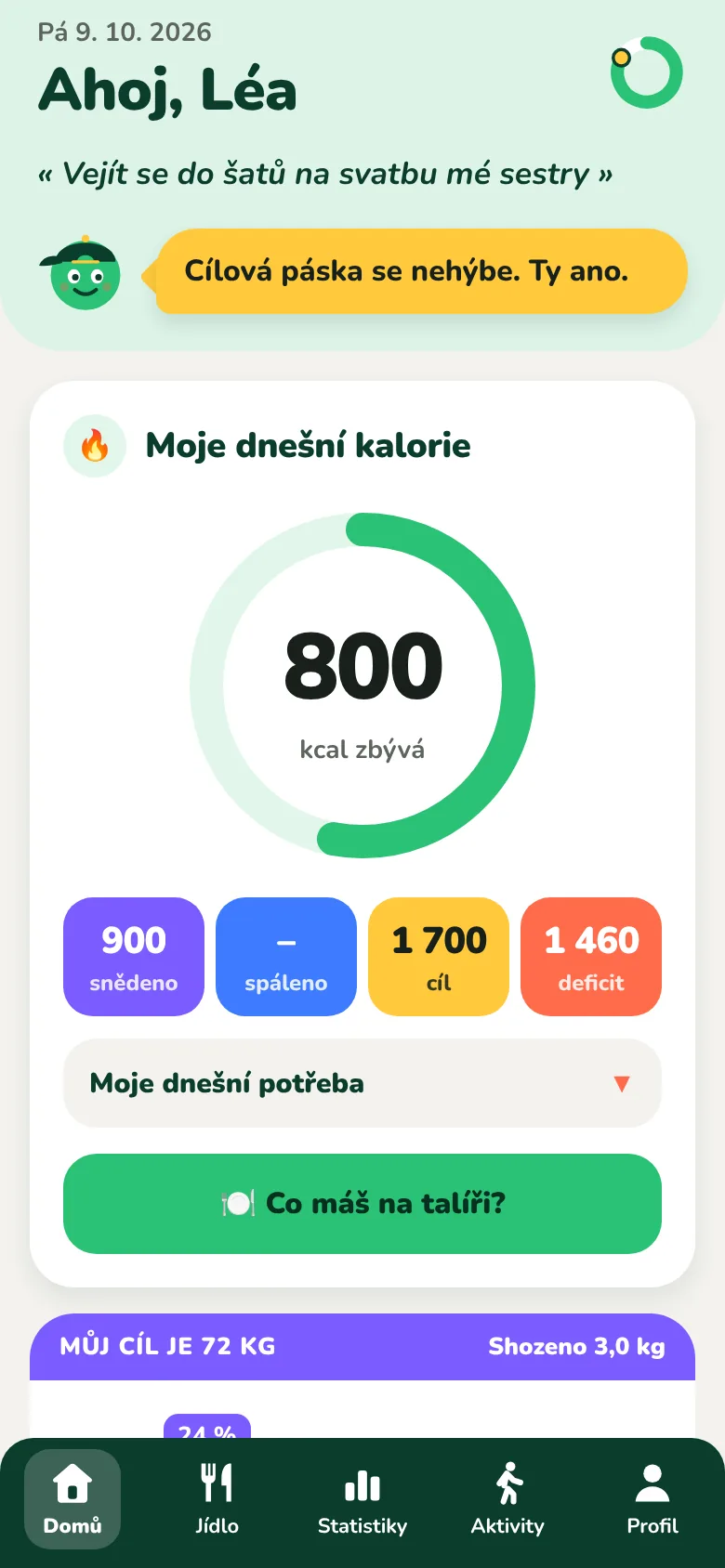 Domovská obrazovka Kiloach se zbývajícími kaloriemi na den