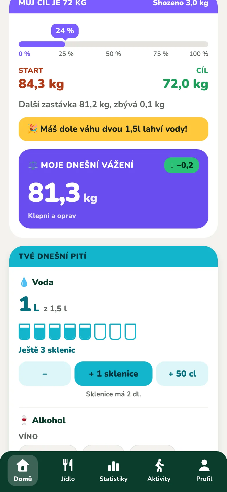 Karta Můj cíl s postupem a dnešním vážením