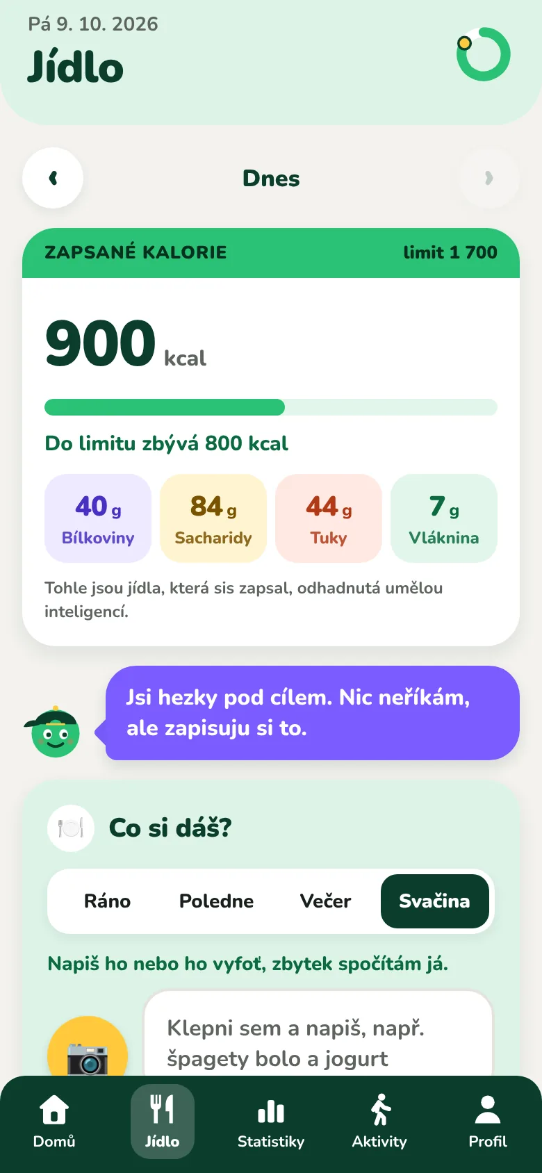 Obrazovka Jídla v Kiloach se zaznamenanými kaloriemi a živinami dne
