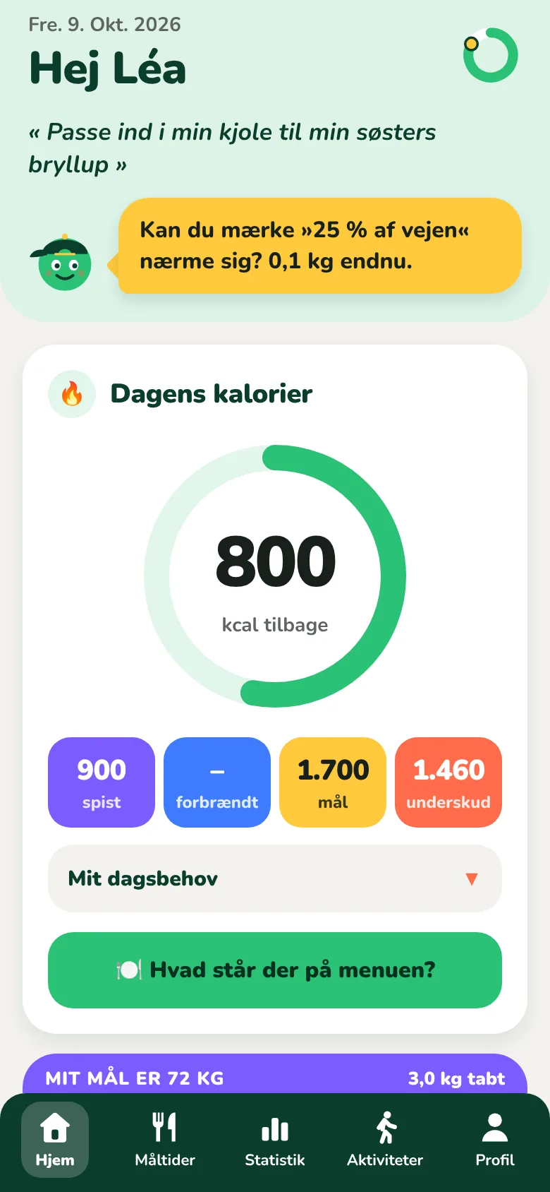 Kiloachs forside med dagens resterende kalorier