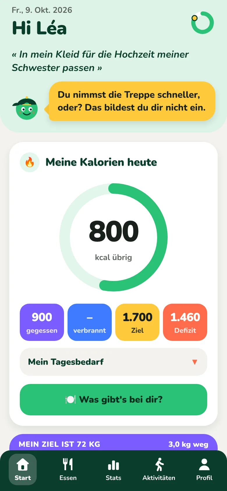 Die Startseite von Kiloach mit den verbleibenden Kalorien des Tages