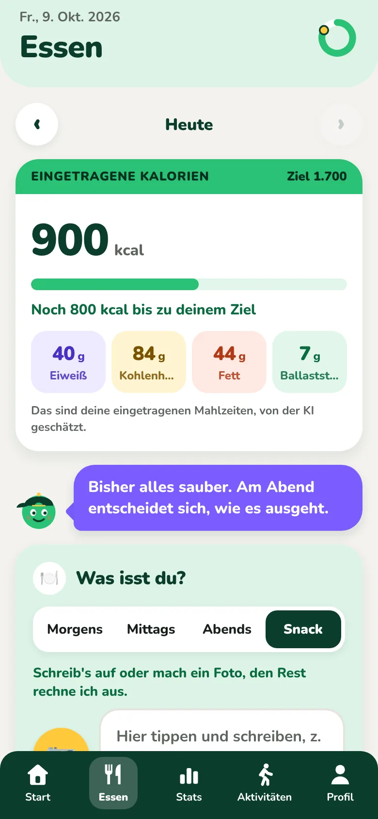 Der Mahlzeiten-Bildschirm von Kiloach mit erfassten Kalorien und Nährwerten des Tages