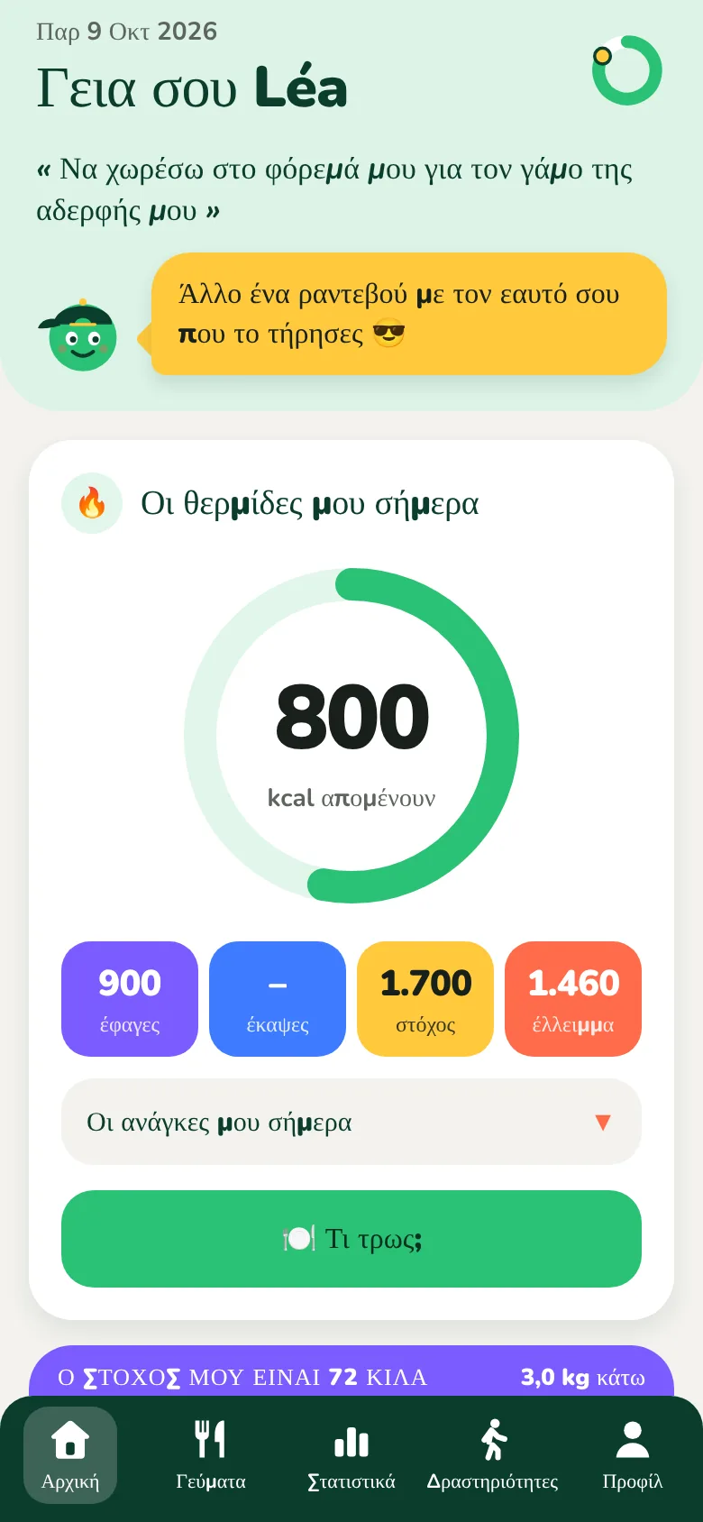 Η αρχική οθόνη του Kiloach, με τις θερμίδες που απομένουν για τη μέρα