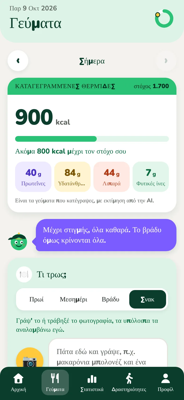 Η οθόνη Γεύματα του Kiloach, με τις καταγεγραμμένες θερμίδες και τα θρεπτικά συστατικά της ημέρας