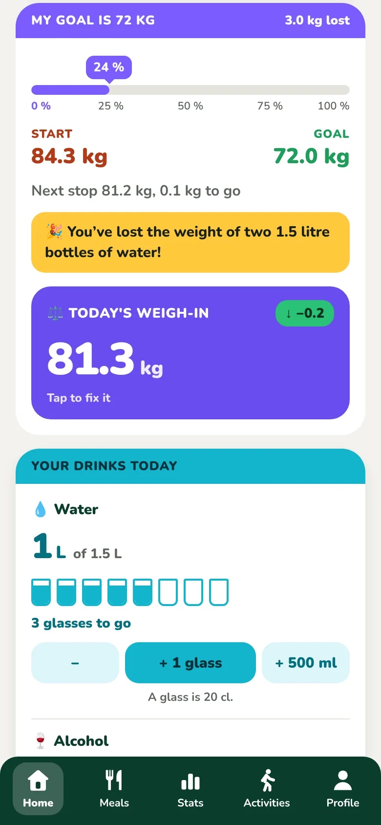 The My Goal card, showing progress and today's weigh-in