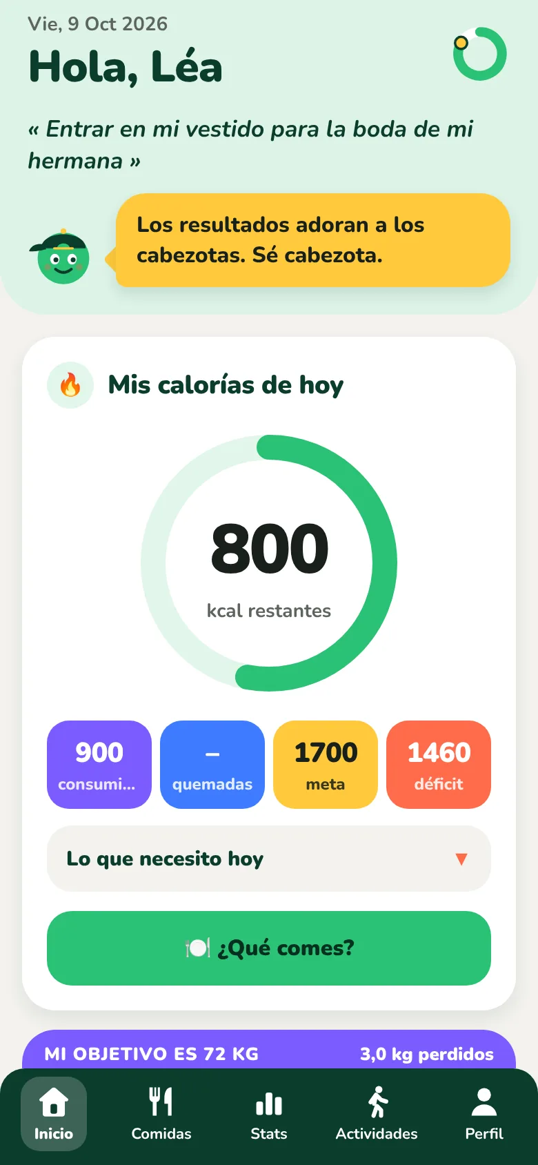 La pantalla de inicio de Kiloach, con las calorías que quedan del día
