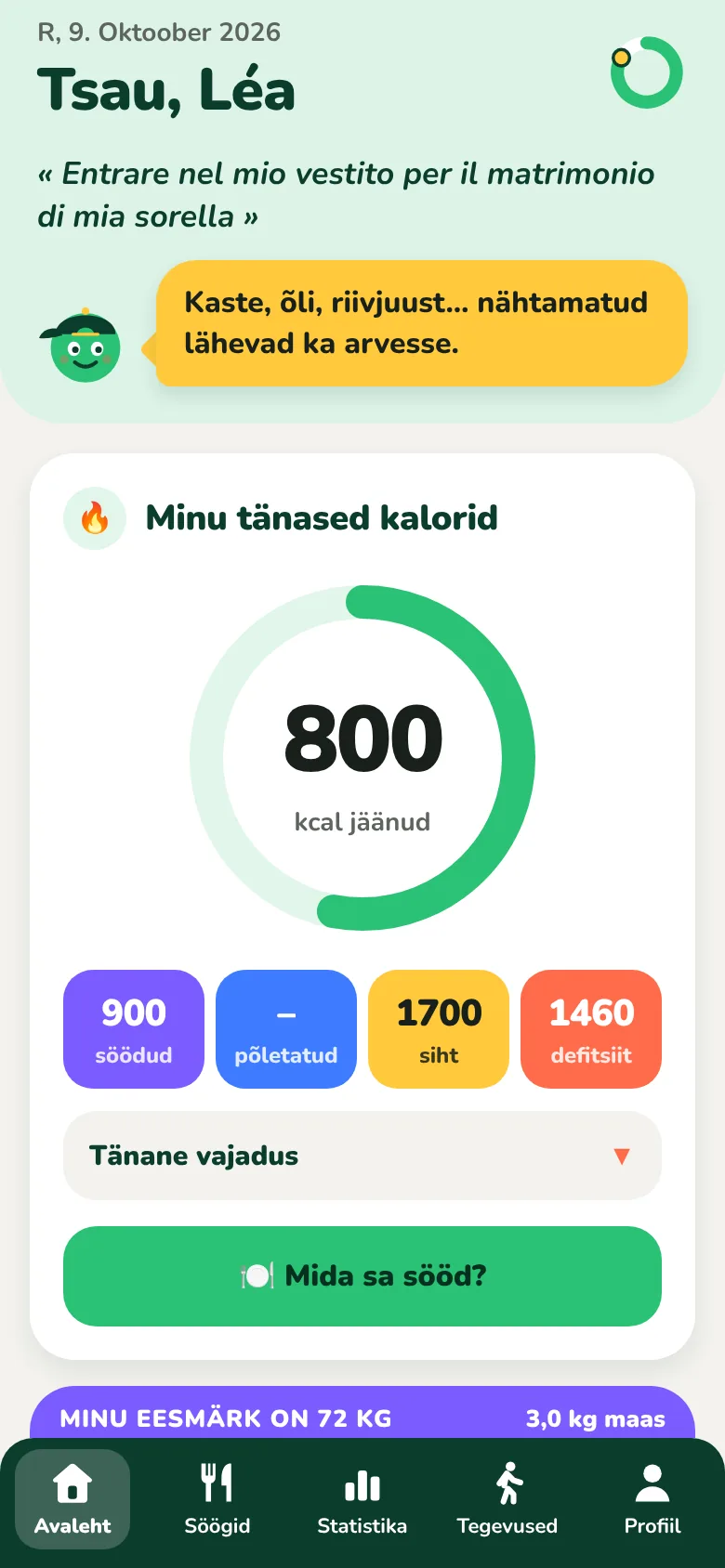 Kiloachi avaekraan koos päevaks jäänud kaloritega