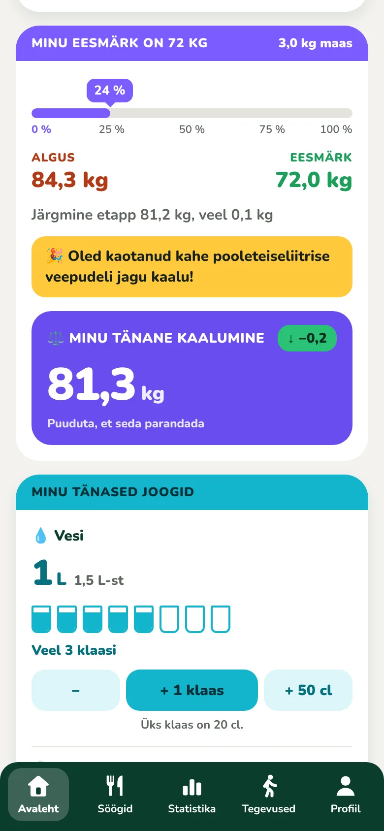 Kaart Minu eesmärk koos edenemise ja päeva kaalumisega
