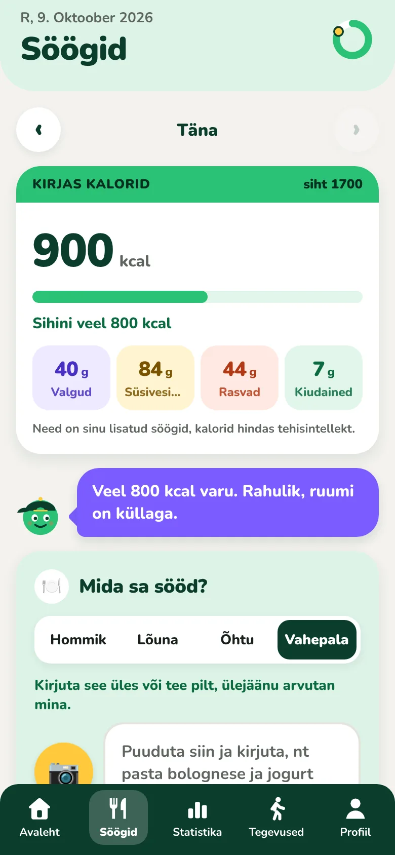 Kiloachi Toidukordade ekraan koos märgitud kalorite ja päeva toitainetega
