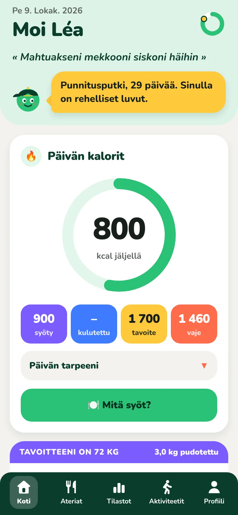 Kiloachin etusivu, jossa näkyvät päivän jäljellä olevat kalorit