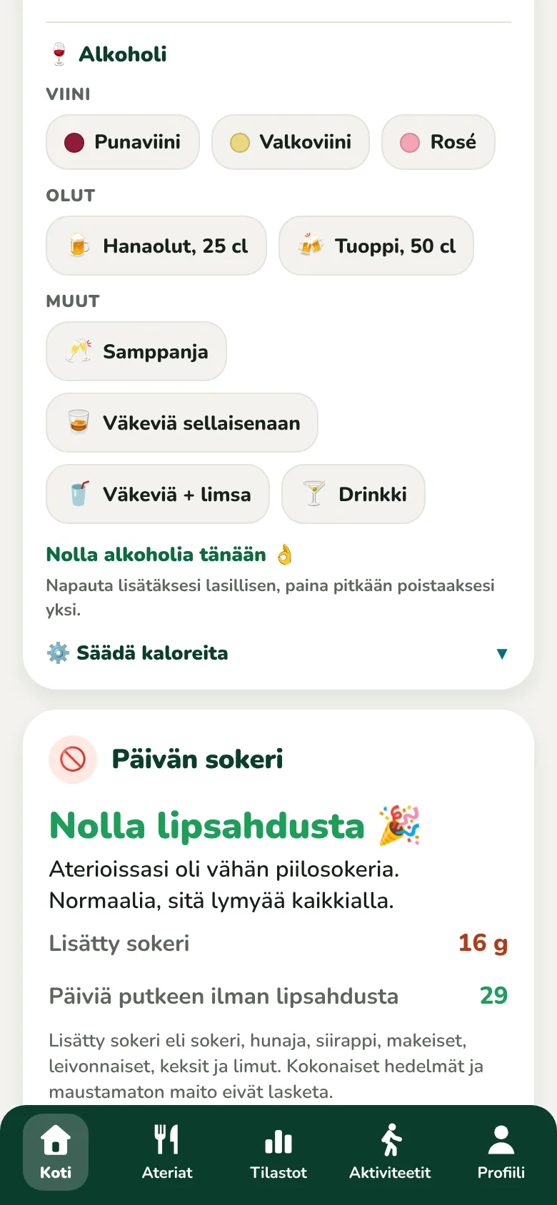 Päivän juomat, vesi ja alkoholi