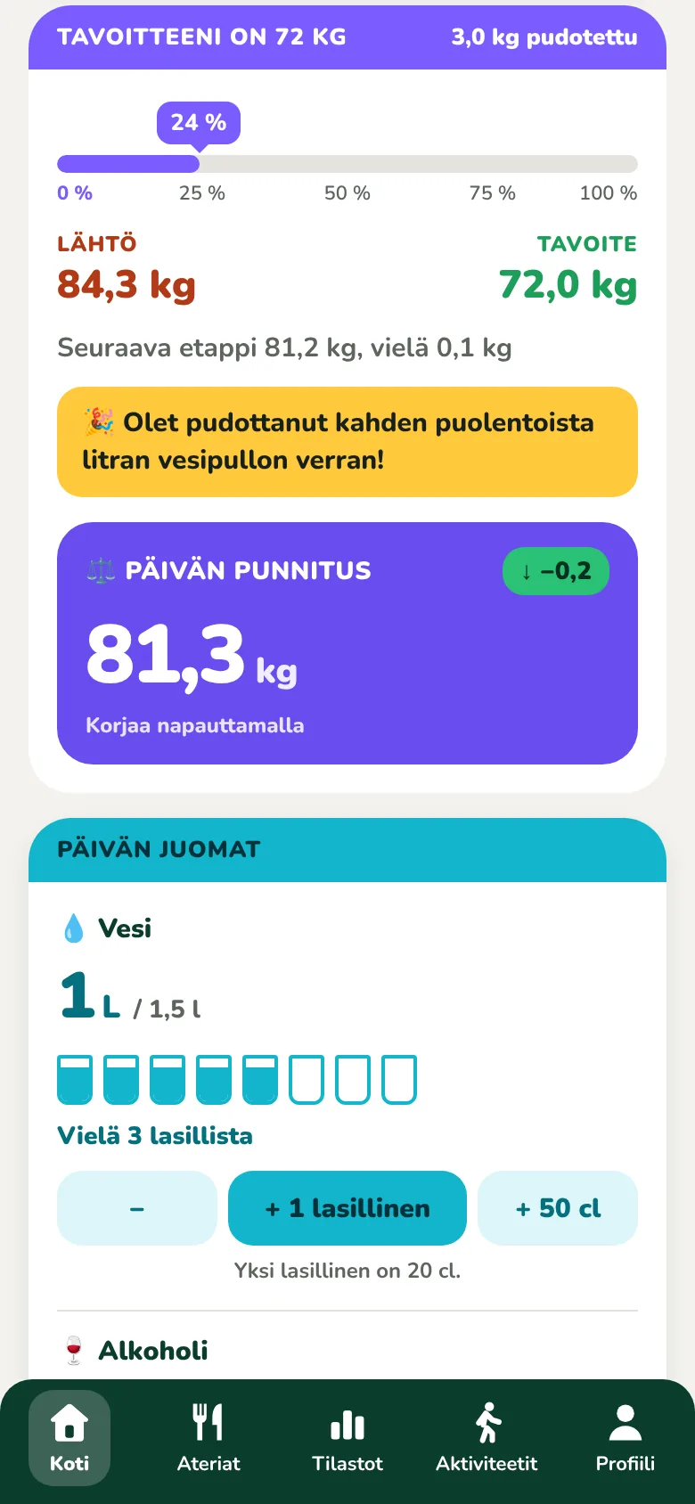 Oma tavoite -kortti, jossa näkyy eteneminen ja päivän punnitus