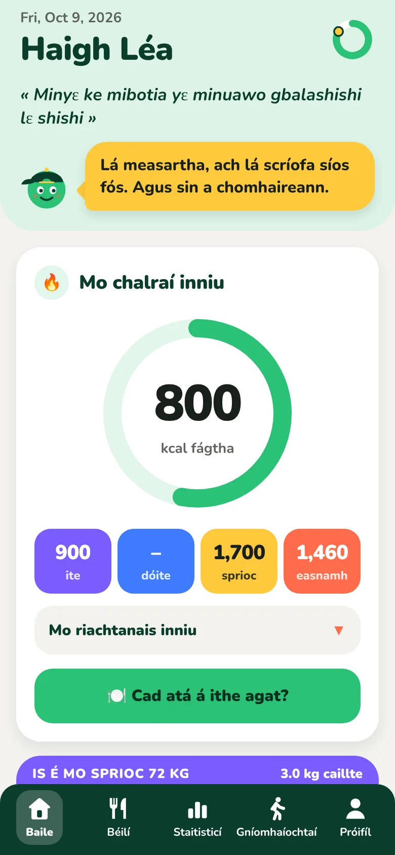 Scáileán baile Kiloach, leis na calraí atá fágtha don lá