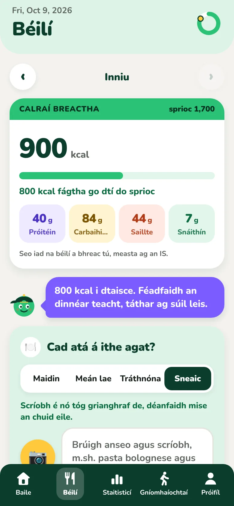 Scáileán na mBéilí i Kiloach, leis na calraí breactha síos agus cothaithigh an lae