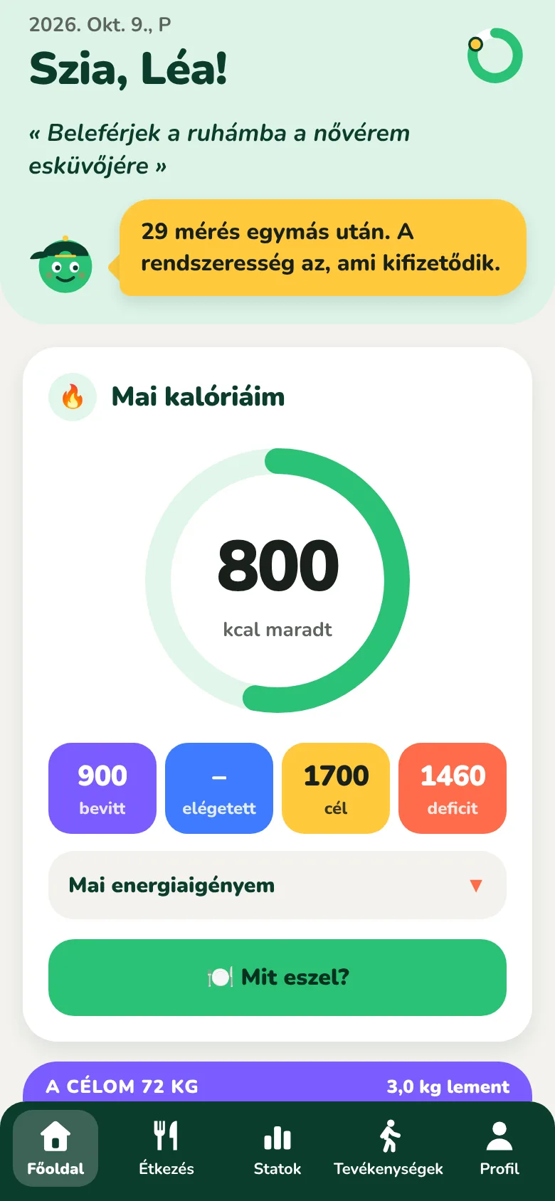 A Kiloach kezdőképernyője, rajta a napi hátralévő kalóriákkal