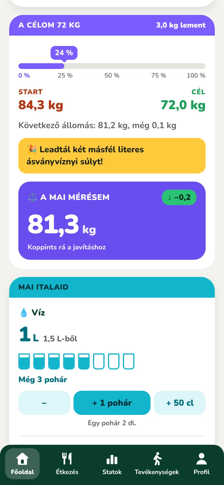 Az „A célom” kártya, rajta a haladással és a napi méréssel