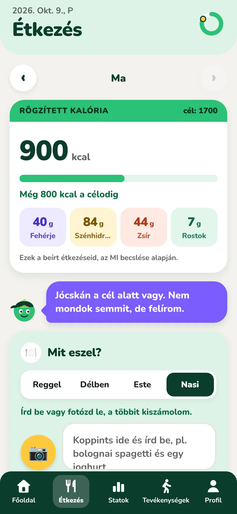 A Kiloach Étkezések képernyője, rajta a rögzített kalóriákkal és a napi tápanyagokkal