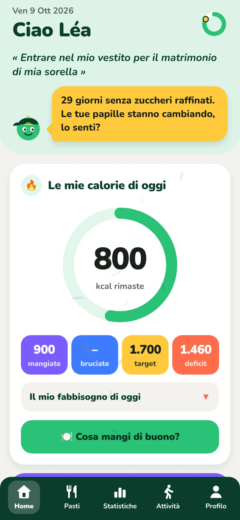 La home di Kiloach, con le calorie rimaste della giornata