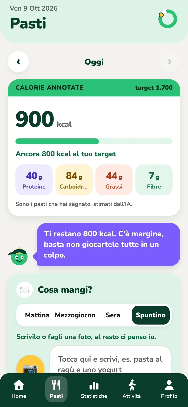 La schermata Pasti di Kiloach, con le calorie segnate e i nutrienti del giorno