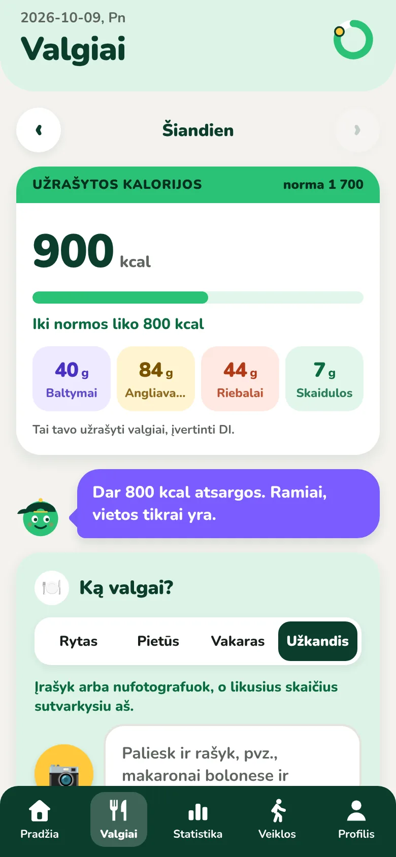 Kiloach valgių ekranas su įrašytomis kalorijomis ir dienos maistinėmis medžiagomis