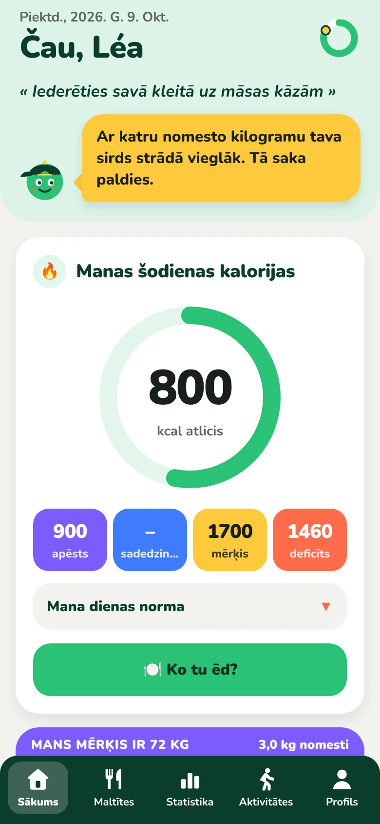 Kiloach sākumlapa ar dienas atlikušajām kalorijām