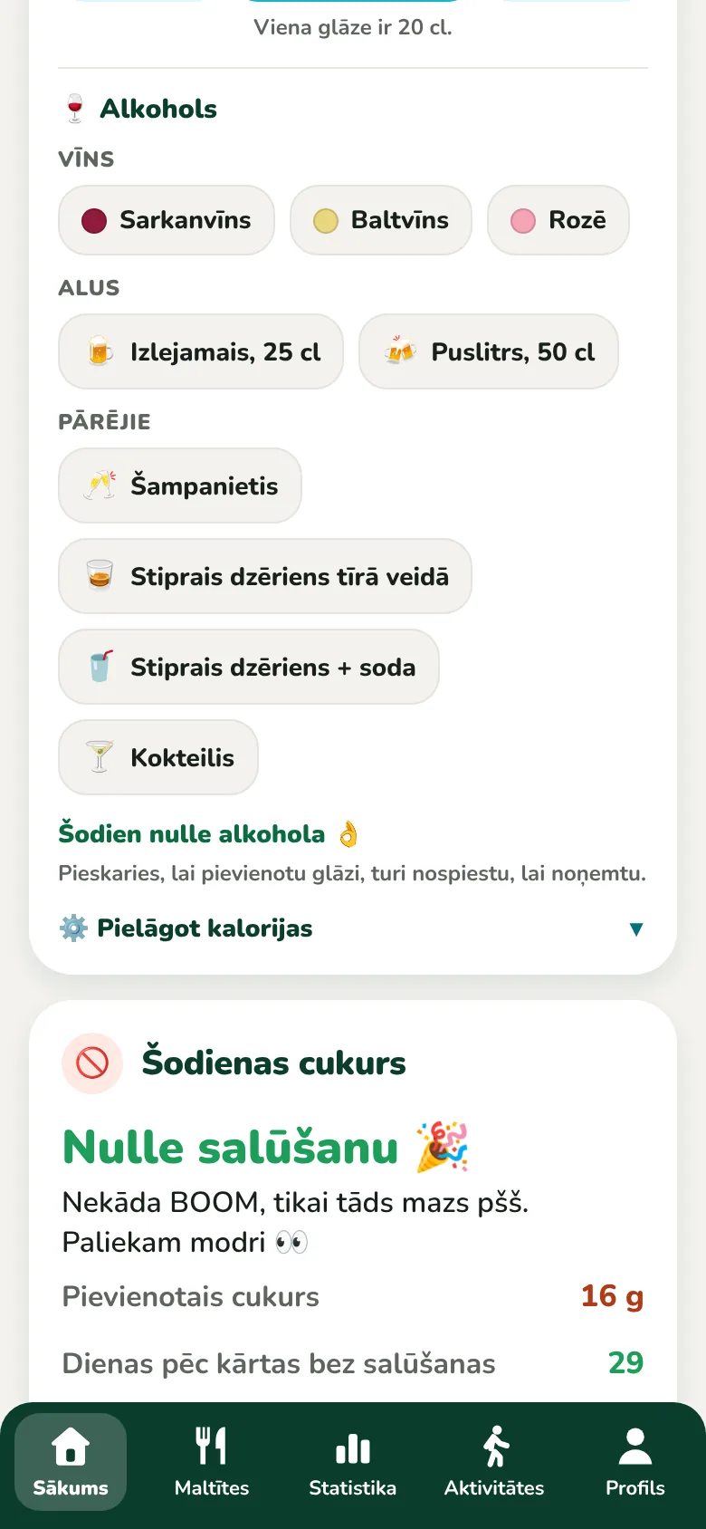 Šodienas dzērieni, ūdens un alkohols