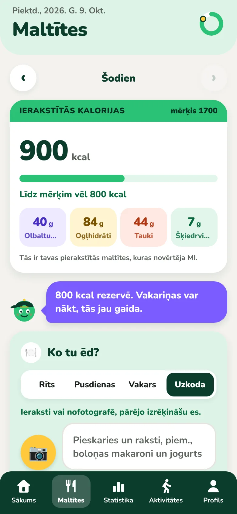 Kiloach ēdienreižu ekrāns ar pierakstītajām kalorijām un dienas uzturvielām