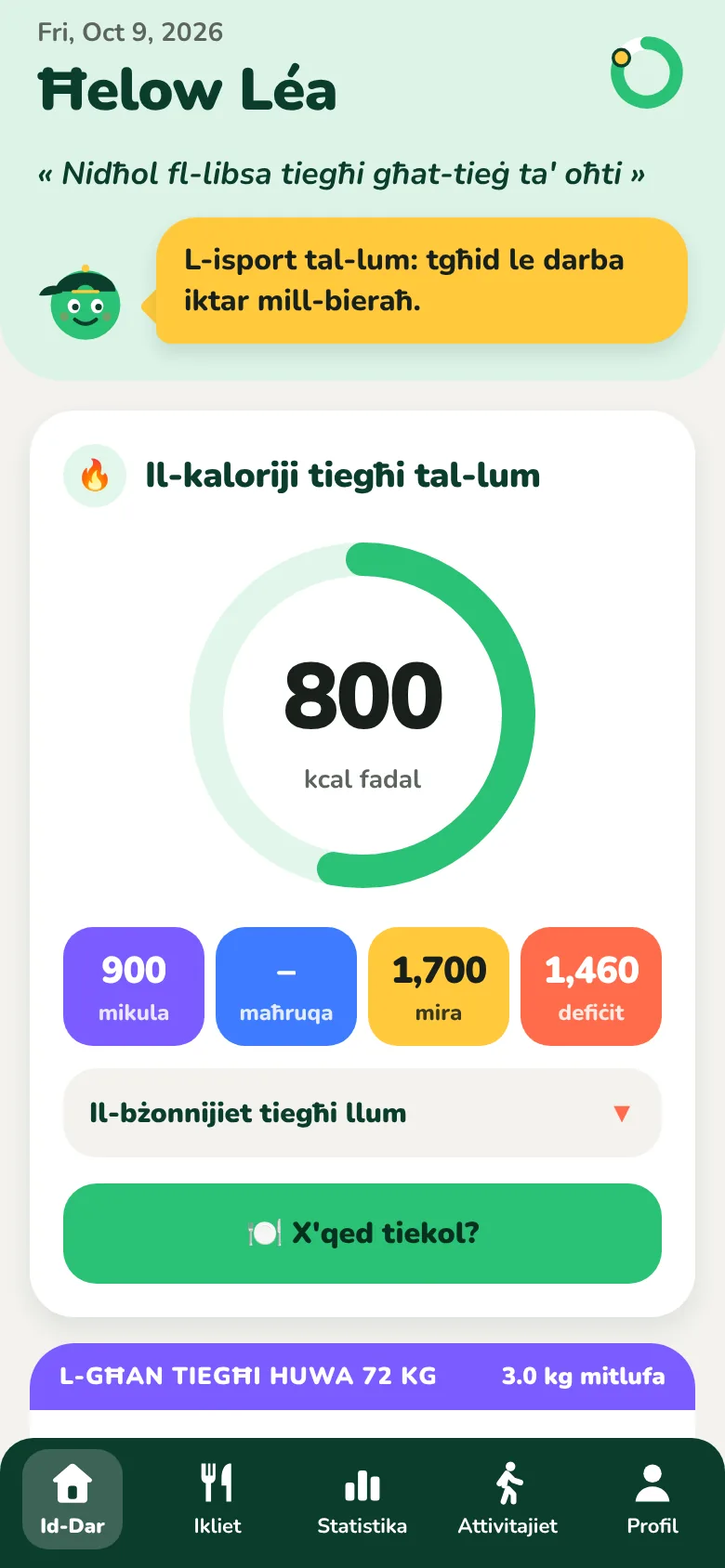 Il-paġna ewlenija ta' Kiloach, bil-kaloriji li fadal għal dakinhar