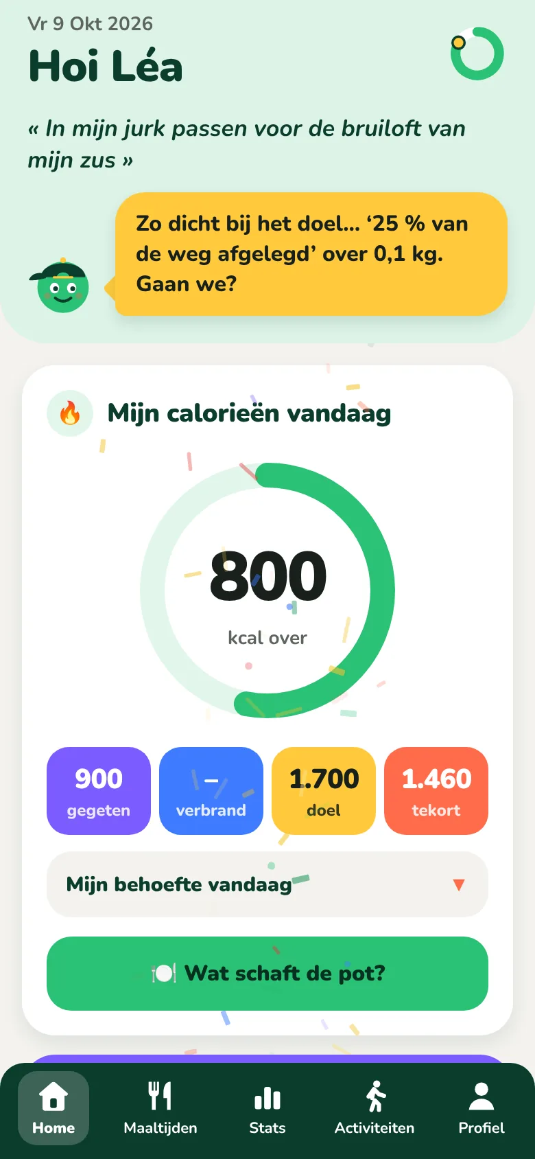 Het beginscherm van Kiloach, met de resterende calorieën van de dag