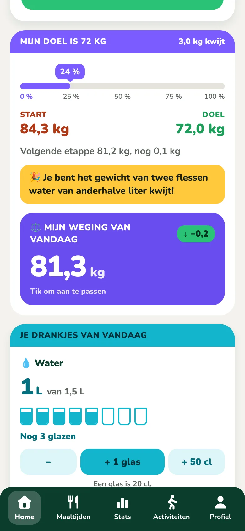 De kaart Mijn doel, met de voortgang en de weging van de dag