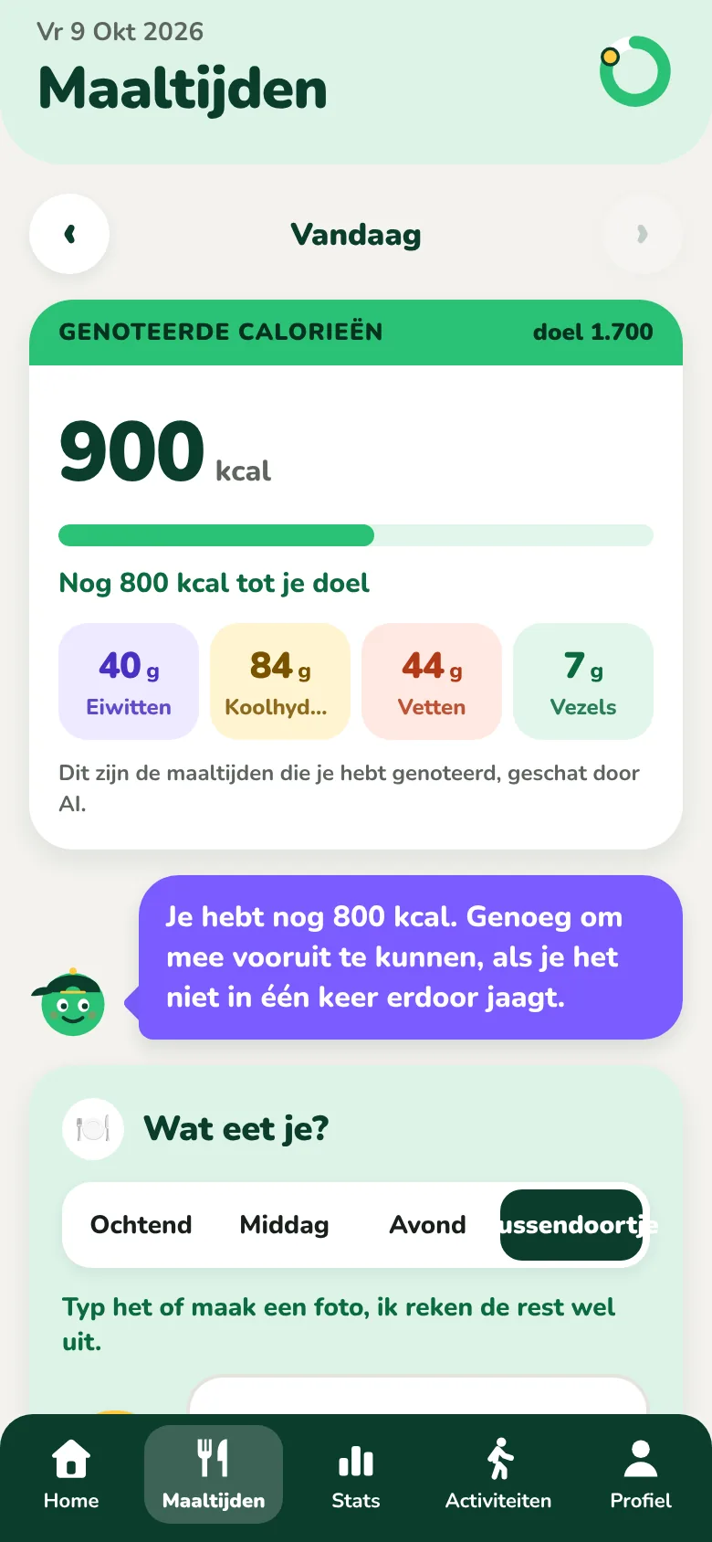 Het scherm Maaltijden van Kiloach, met de genoteerde calorieën en de voedingsstoffen van de dag