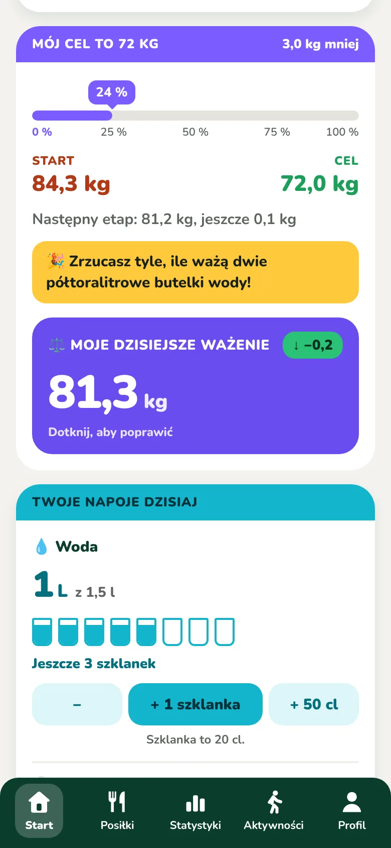 Karta Mój cel z postępem i ważeniem dnia