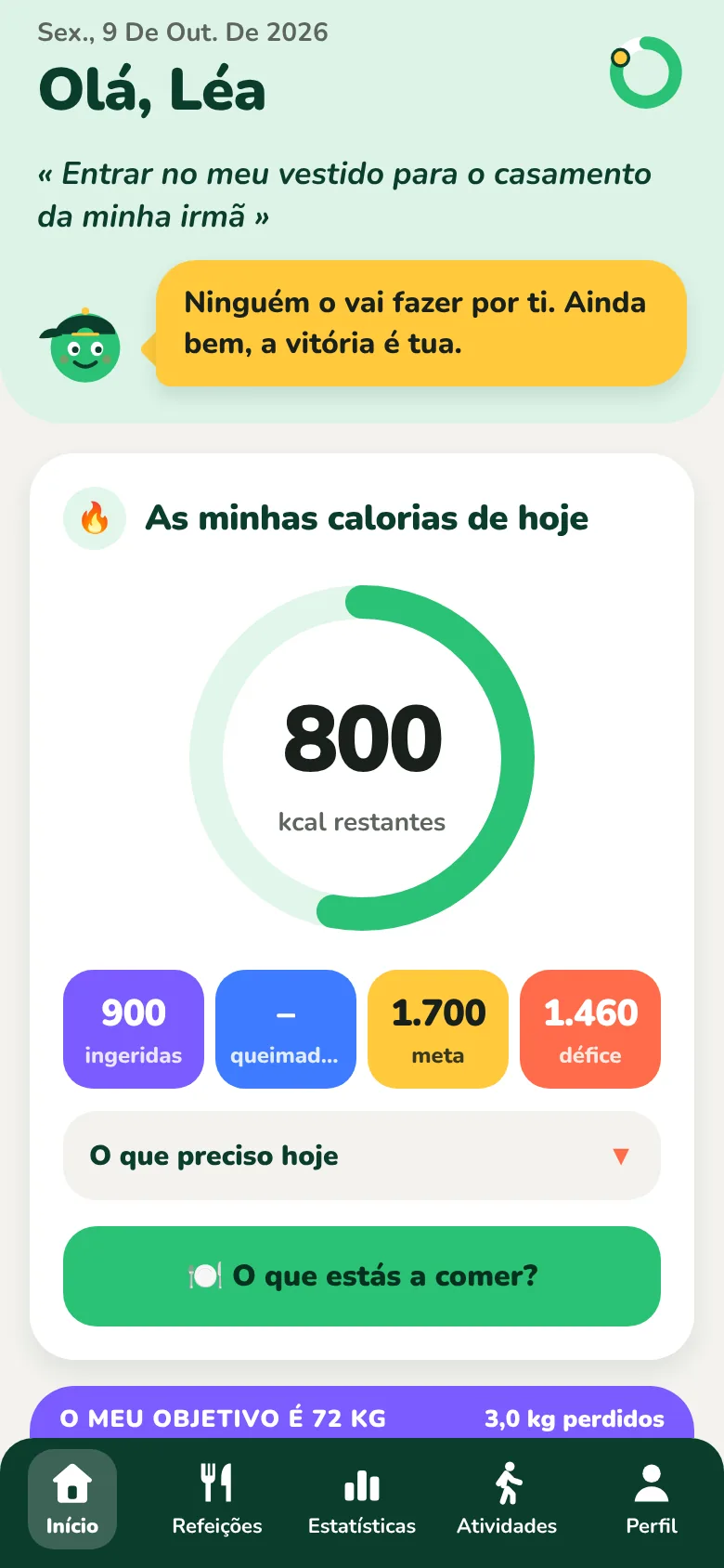 O ecrã inicial do Kiloach, com as calorias que faltam no dia
