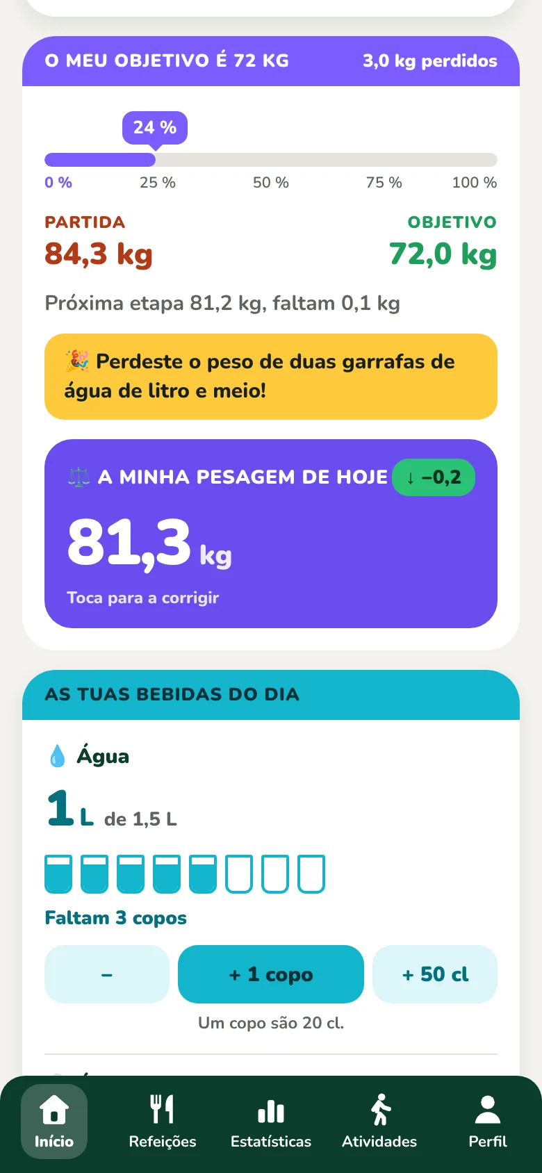 O cartão Meu objetivo, com o progresso e a pesagem do dia
