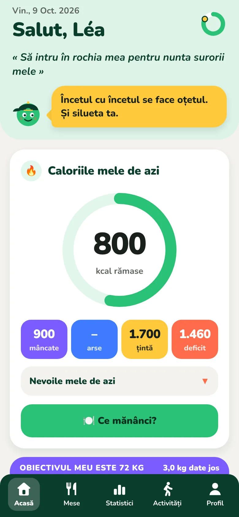 Ecranul principal Kiloach, cu caloriile rămase din zi