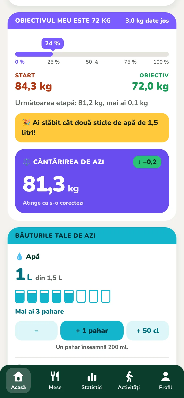 Cardul Obiectivul meu, cu progresul și cântărirea zilei