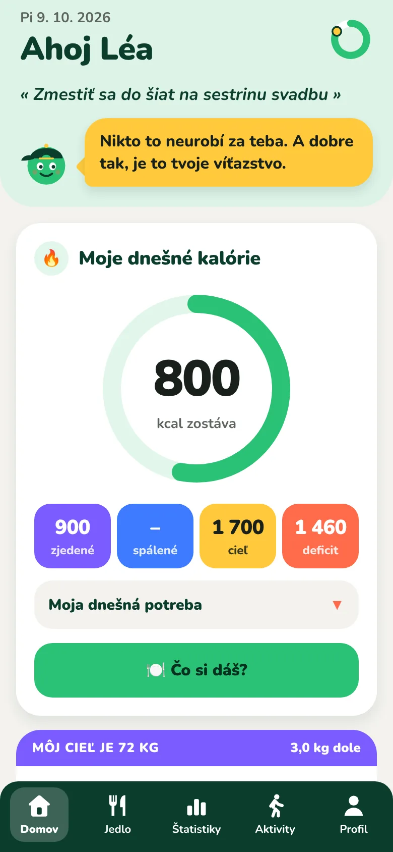 Domovská obrazovka Kiloach s kalóriami, ktoré ti ešte zostávajú na dnešný deň