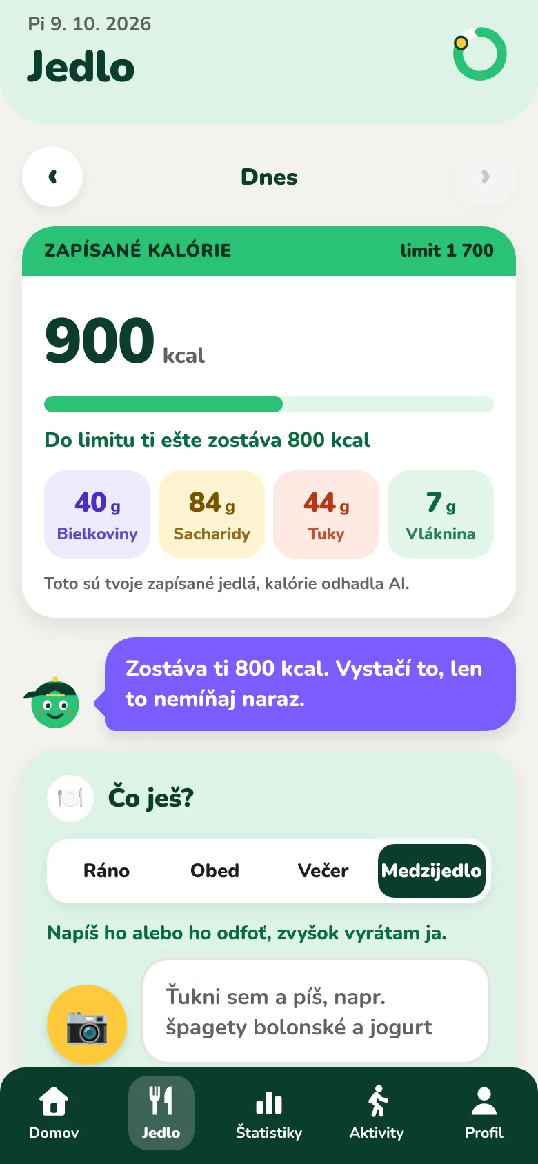 Obrazovka Jedlá v Kiloach so zapísanými kalóriami a nutrientmi dňa