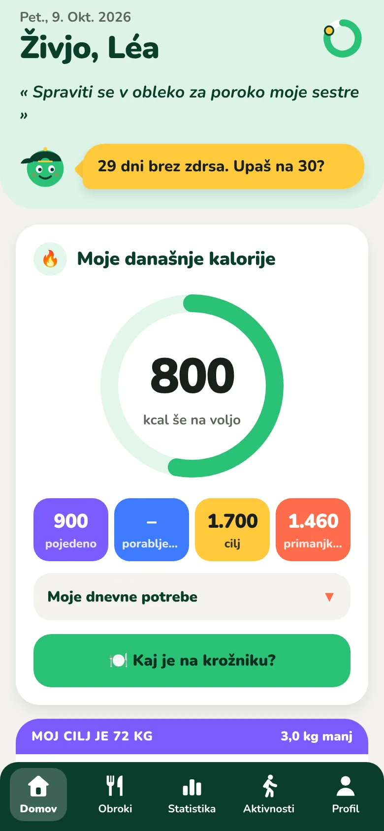 Domača stran Kiloach, s preostalimi kalorijami za ta dan