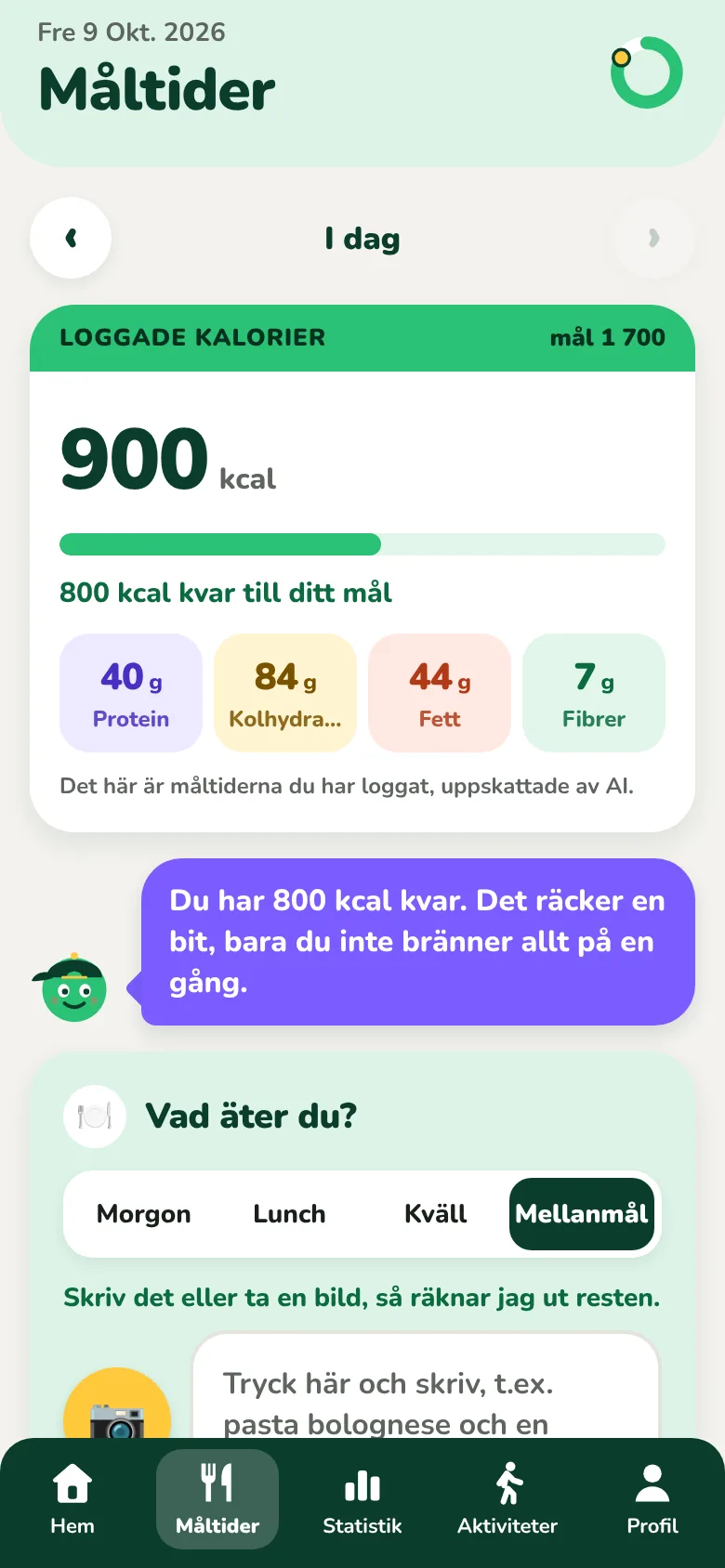 Kiloachs måltidsskärm, med noterade kalorier och dagens näringsämnen